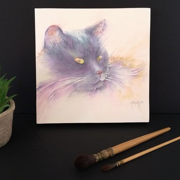 Cat Watercolor Print-Mounted on wood panel. - Picture 3 of 4